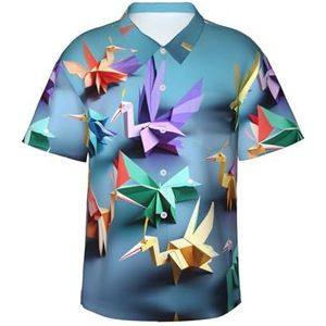 XTYGETY Origami Multicolor Papercraft Kraanvogels Print Zomer Strand Button-Down Korte Mouw Hawaiiaans Shirt voor Mannen Tropische Vakantie Shirts, Zwart, S