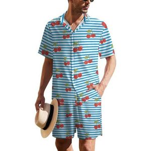 Kersenpatroon met blauwe strepen heren Hawaiiaanse pak set 2-delig strand outfit korte mouw shirt en korte broek bijpassende set