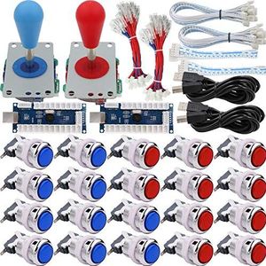 SJ@JX Arcade 2 Player Game Controller Stick DIY Kit LED Buttons Chrome Paint MX Microswitch 8 Way Joystick USB Encoder Cable for PC MAME Raspberry Pi Red Blue
