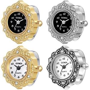 JewelryWe Nieuwigheid Vinger Horloge Klassieke Goud Verzilverd Ronde Dial Quartz Horloge Ringen Verstelbare Rhinetsone Ring Horloge, voor Moederdag, 4 stuks., Klassiek