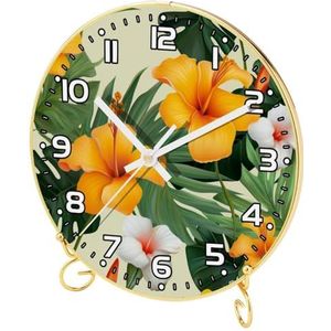 YTYVAGT Wandklok, klokken voor slaapkamer, werkt op batterijen, tropische bladeren gele bloemen, ronde stille klok 9,4 inch