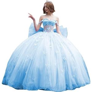 Fuomomo Quinceanera-jurk met dunne bandjes en vlinderglitter, Quinceanera-jurk met vlinders en grote strik, baljurk van kant met parels MT053, Lichtblauw, 30 NL