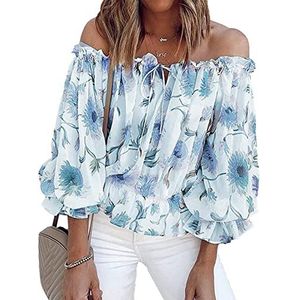 Dames off-shoulder blouse elegante polyester elegante casual bloemenprint ruches winkelblouse XL