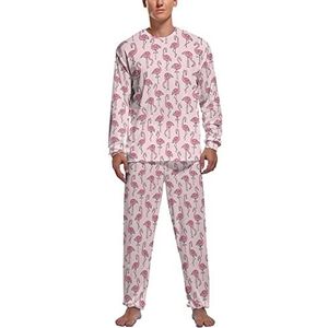 Flamingo's in roze zachte heren pyjama set comfortabele lange mouwen loungewear top en broek geschenken XL