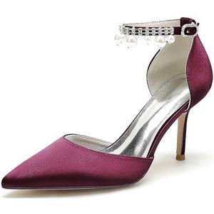 GHSIRUEU Dames Witte Satijn Hakken Stiletto Pompen Gesloten Puntige Teen Parel Enkelband Bruiloft Jurk Schoenen,Burgundy,35 EU