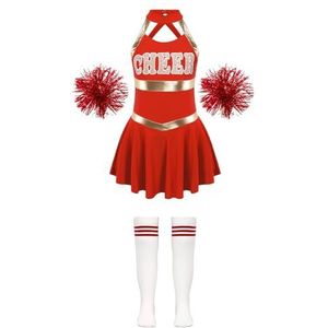 Cheerleader-uniformen cheerleader-kostuum voor meisjes, baljurken voor vrolijkheid, cheerleader-uniformjurk + sokkenset met bloemballen voor danswedstrijden (kleur: B rood, maat: