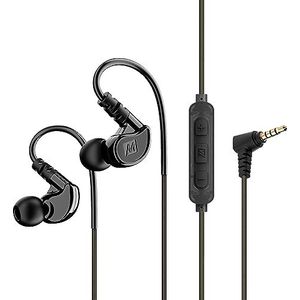 MEE audio M6 Sport bedrade oordopjes, in-ear hoofdtelefoon, 3-knops afstandsbediening, zweetbestendige oortelefoon voor hardlopen/gym/trainingen met geheugendraad oorhaken, headset microfoon, 3,5 mm