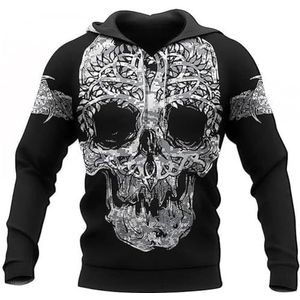 Mannen Nordic Skull Tattoo Hoodie, 3D Full Body Digitale Print Casual Loose fit Pullover Hoodie, Gothic IJsland Pagan Fashion Street Plus Size Sweatshirt(Skull B,5XL)