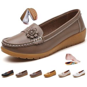 Vrouwen Orthopedische Lederen Loafers, Dames Mocassins Rijden Mocs Comfort Slip-On Mode Boot Schoenen Wedge Hakken Verpleging Schoenen, Kaki, 33 EU
