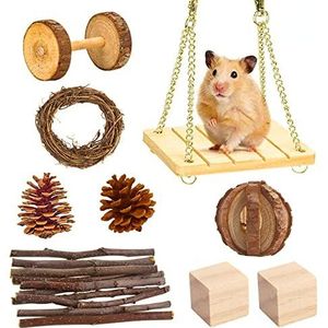 QQY Hamster Chew Toys Set Hamster Chew Speelgoed, Huisdier Molaire Tanden Care Set voor Cavia's, Chinchilla's, Gerbils, Mice, Ratten, Muis Knaagdieren Speelgoed Swing Wipbrug (9 stuks)