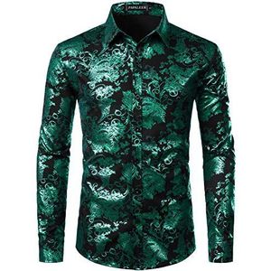 PARKLEES Luxe, goudkleurig, glanzend, paisley-print, stijlvol overhemd, slanke pasvorm voor heren, donkergroen, M