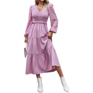 jurken voor dames Effen jurk met ruches aan de zoom - Boho-stijl, V-hals, lange mouw, A-lijn, hoge taille, gelaagde/gelaagde zoom (Color : Dusty Pink, Size : L)