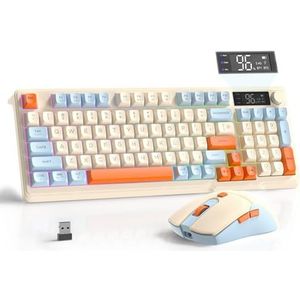 FREEWOLF T96 Draadloos Toetsenbord en Muis, Bluetooth & 2.4G, PBT-toetsen, Mediaknop, Display, Stil, Anti-Ghosting, Oplaadbaar, voor Mac/Windows/Linux – Bosbes