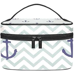 Marineblauw schip anker grijs zigzag make-up organizer tas, reizen make-up tas organizer case draagbare cosmetische tas voor vrouwen en meisjes toiletartikelen, Meerkleurig, 22.5x15x13.8cm/8.9x5.9x5.4in
