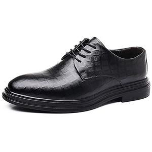 Oxford-kledingschoenen for heren Veters Ronde neus Geruite print PU-leer Derby schoenen Antislip Lage bovenkant Rubberen zool Blokhak Antislip Feest (Color : Black, Size : 43 EU)