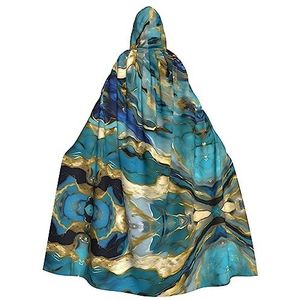 Bxzpzplj Azuriet groenblauw en folie goud olie marmer patroon capuchon mantel voor mannen en vrouwen, volledige lengte Halloween maskerade cape kostuum, 185 cm