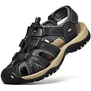 Modieuze sandalen voor heren, gesloten teen, klassiek, echt leer, wandelsandalen, hol, backpacken, strandschoenen, Zwart, 46 EU