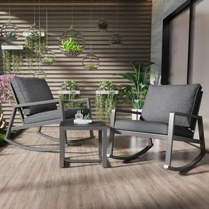 Aunlva 3-delige rokset, patio outdoor meubels, porchair-conversatieset met glazen koffietafel met 2 schommelstoelen en 1 glazen salontafel met dikke kussens voor achtertuin, veranda, zwembadzijde