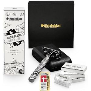 Störtebekker Premium Instapset - met scheermes incl. etui (zwart) en 10 messen + 100 extra Störtebekker scheermesjes - scheerset heren - voor een perfecte scheerbeurt - cadeau-idee heren
