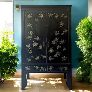 OPIUM OUTLET Aziatische ladekast, Chinese kast, oosterse kledingkast, zwart, koloniale stijl, Aziatische bruiloftskast vintage stijl, volledig gemonteerd