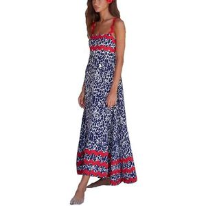 Dames zomer maxi-jurk casual boho mouwloze spaghettibandjes gesmokte lange strandzonjurken(Color:Leopard print blue B,Size:Large)