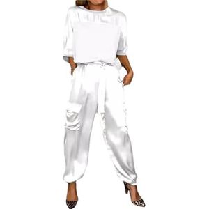 MAOAEAD Soepele satijnen top en broek met halve mouwen voor dames, gladde satijnen top en broek, pak met halve mouwen, tweedelige outfits (wit, M)