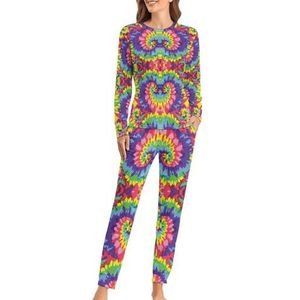 Tie Dye Kleurrijke Abstracte Zachte Dames Pyjama Lange Mouw Warm Fit Pyjama Loungewear Sets met Zakken S