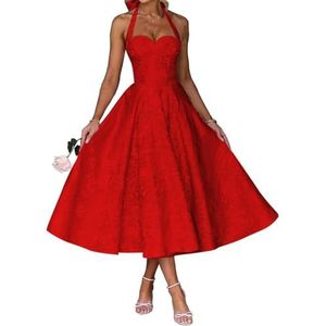 AHERKLL Spaghetti Bandjes Bruidsmeisjes Jurken Jacquard Satijn Halter Formele Avond Feest Maxi Jurk HAH046, Rood, 32