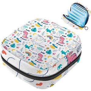 JAVENPROEQT 1 x maandverband, opbergtas, grote maandverband, organizer, herbruikbare eerste menstruatietas voor meisjes, dames, dames, 17 x 17 x 12 cm, catoon, Kawaii dinosaurus, eenhoorn, regenboog