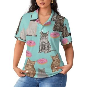 Cat And Donuts Poloshirts voor dames, korte mouwen, casual T-shirts met kraag, golfshirts, sportblouses, tops, 3XL
