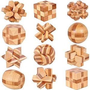 Chonor 12 stuks premium 3D houten brein teaser puzzels set - klassieke in elkaar grijpende puzzel kubus spel voor kinderen en volwassenen - cadeau en decoratie idee