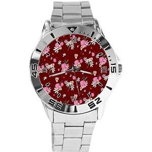 Rode Bloemen Mode Vrouwen Horloges Sport Horloge Voor Mannen Casual Rvs Band Analoge Quartz Horloge, Zilver, armband