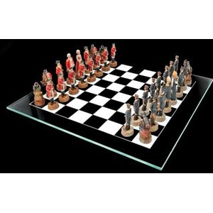 Schaakspel Amerikaanse onafhankelijkheidsoorlog - schaakset glazen bord schaakstukken figuren USA Amerika geschiedenis