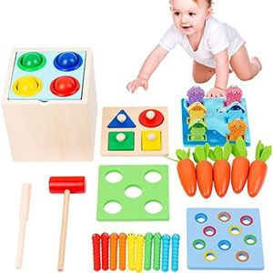 Montessori 5-in-1 houten Montessori-speelgoed, objectpermanentie, sorteerspel, houten puzzel, multifunctioneel munten, druppels, speelgoed, educatief speelgoed voor het sorteren van vormen voor