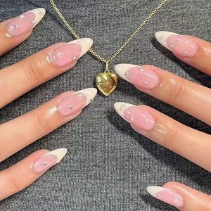 Coffin False Nails Rhinestone Press on Nails French Fake Nails Ballerina Acrylic Stick on Nails 24pcs for Women and Girls(C)