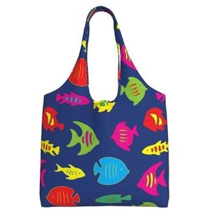 BEEOFICEPENG Schoudertas, grote canvas draagtas draagtas casual handtas herbruikbare boodschappentassen, kleurrijke vis op blauw, zoals afgebeeld, Eén maat
