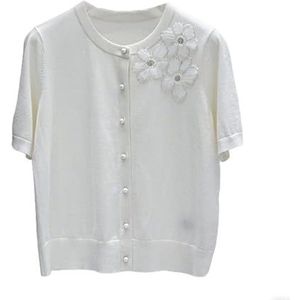 GKEIOSHQIL Korte Mouw Cardigans Voor Dames Wolmix Parels Bloemen Knopen Lichtgewicht Brei Blouses Tops,Wit,L