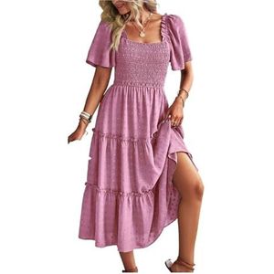 CHOYES A-lijn midi-jurk voor dames, vierkante hals, korte mouwen, zomerse swingjurk, roze, L