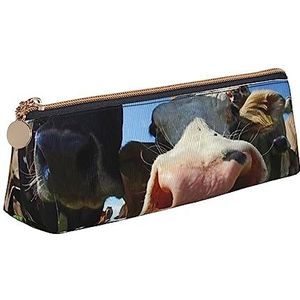 TEMKIN Mooie koeien bedrukt lederen etui voor dames, pennenzak met grote capaciteit, pennenzak met ritssluiting voor kantoor, wit, één maat, Wit, Eén maat