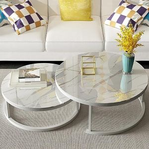 Salontafel, ronde salontafel, set met 2 nesttafels met open opbergvak, voor woonkamer, moderne minimalistische stijl, ruimtebesparend, kleur: wit