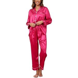 Pyjama Dames Satijnen Pyjama Set met knoopsluiting, Tweedelige Zijden Pyjama Voor Dames, V-hals Zachte Zijden Pyjama Nachtkleding, Loungewear Voor Alle Seizoenen