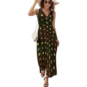 Jamaica onkruid blad patroon dames lange jurk mouwloze maxi-jurk zonnejurk strand feestjurken avondjurken L