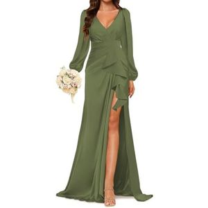 Prinses Bruidsmeisje Jurken Lange Mouw Galajurken V-hals Satijn Formele Avondfeest Maxi Jurk ZM198, Olijfgroen, 32