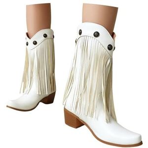 Western Cowboylaarzen Met Franjes Dames Retro Enkellaarsjes Met Klinknagel PU Leren Ankle Boots Met Blokhak Brede Schacht Instapschoenen For Werk, Platteland, Rodeo's(White,43 EU)