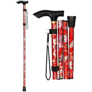 Inklapbare wandelstok met T-greep, in hoogte verstelbare loophulp voor senioren, gehandicapten, mannen en vrouwen, zwart (rode bloem)