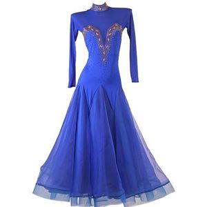 FZHQNZJF Wals Wedstrijd Danskleding Blote rug Ballroom Dansjurken met strass steentjes Lange mouwen Flamenco Danskleding Dames Foxtrot Tango Dansoutfit,Blauw,L