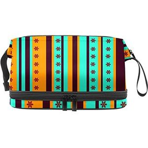 Dubbele Laag Cosmetische Tas Bloemen Strepen Draagbare Make-up Tas Reizen Organizer Pouch voor Vrouwen Meisjes Toiletartikelen Tassen, Meerkleurig, 27x15x14 cm/10.6x5.9x5.5 in, Make-up zakje