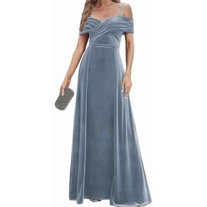 Fluwelen Bruidsmeisjes Jurken Spaghetti Bandjes Prom Jurken Koude Schouder Formele Avond Party Gown ZM191xin, Dusty Blauw, 32