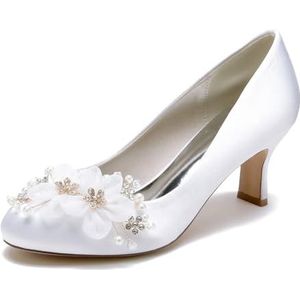 EICOFF Dames Lage Kitten Heel Jurk Pumps Gesloten Teen Satijn Kant Strass Bloem Slip-op Trouwschoenen Bruids Bruiloft Party Schoenen,Wit,36 EU