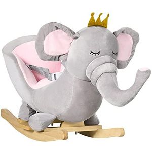 HOMCOM hobbelpaard, olifant schommeldier, kinderschommelspeelgoed met muziekfunctie, voor kinderen vanaf 18 maanden, populierenhout, grijs + roze, 60 x 33 x 45 cm